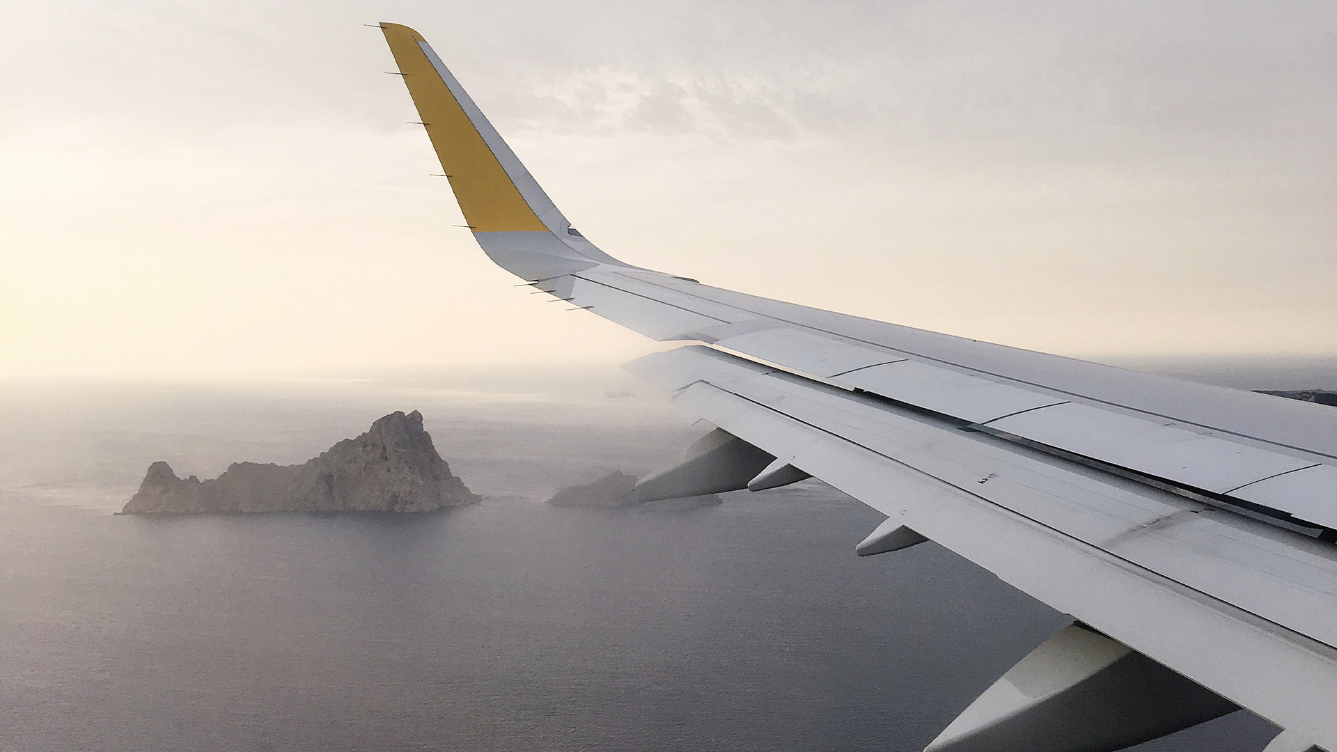 Airplane wing over the ocean