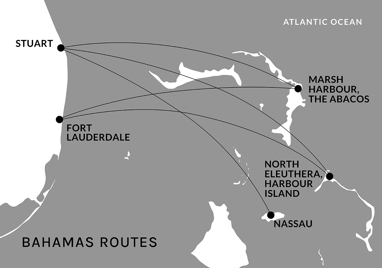 Map showing scheduled flight routes from Stuart and Fort Lauderdale, Florida to Marsh Harbour and North Eleuthera, and Stuart to Nassau.