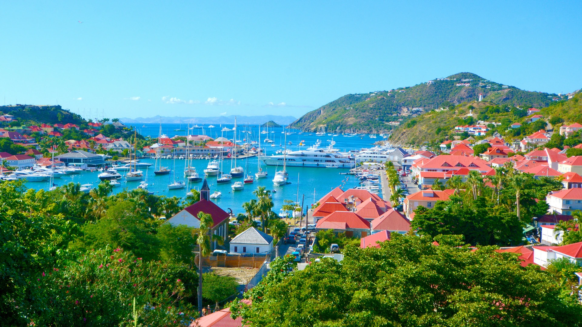 Red roof buildings by the ocean on the island of St Barths