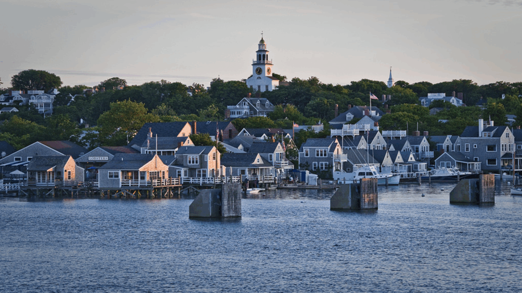 Nantucket waterfront as the sun sets.
