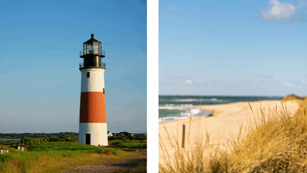 A lighthouse in Nantucket next to a grassy beach