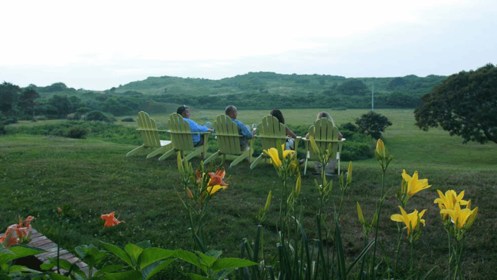 Adirondack chairs overlooking the landscape at The Outermost in Martha's Vineyard